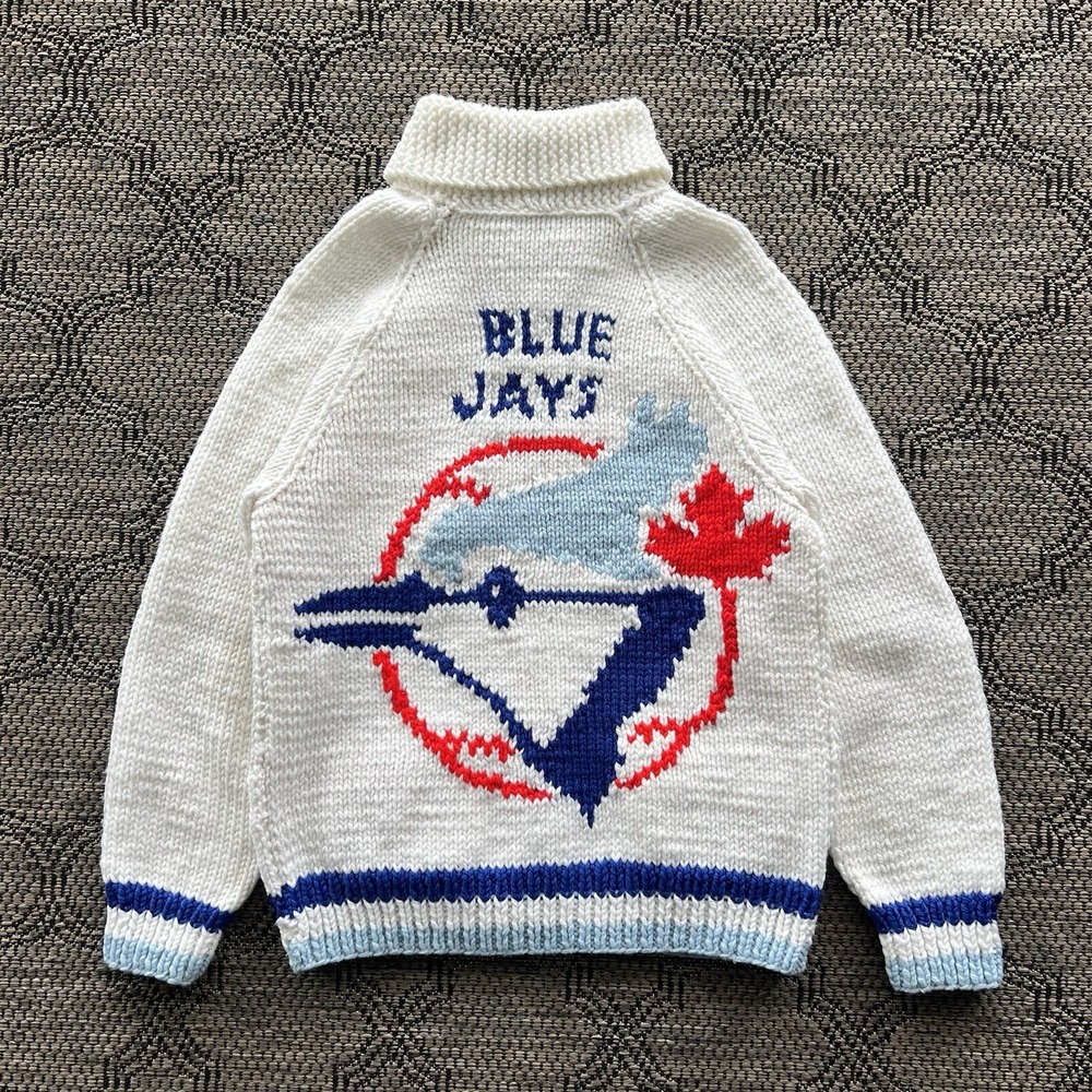 Vintage Blue Jays Cowichan Men's Medium White MLB Acrylic Hand‎ Knit Cardigan